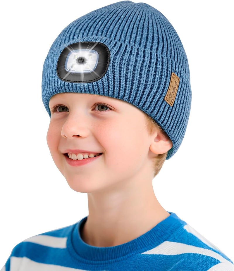 Etsfmoa Store Hat with Light for Kids,Fleece Lined Knit Beanie for Boys and Girls,Type-c Rechargeable Headlamp LED Cap - Image 1